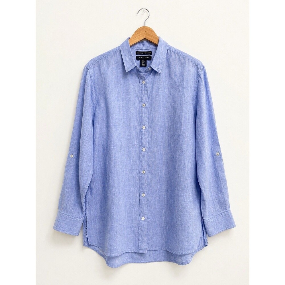Tahari Essentials 100% Linen Button Front Shirt Blue Roll Tab Sleeve S